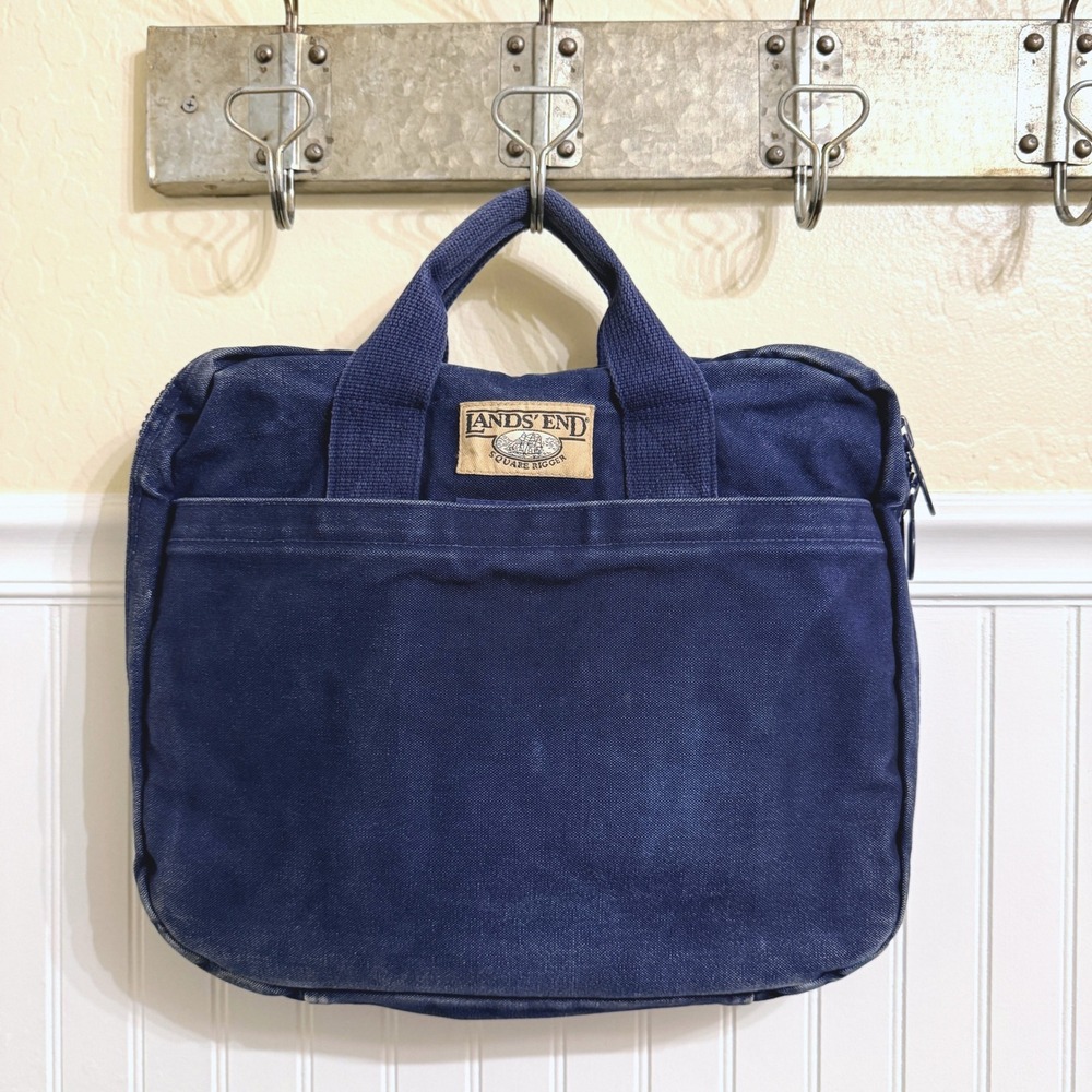Lands End Vintage Square Rigger Canvas Briefcase Laptop Bag, Navy, OS